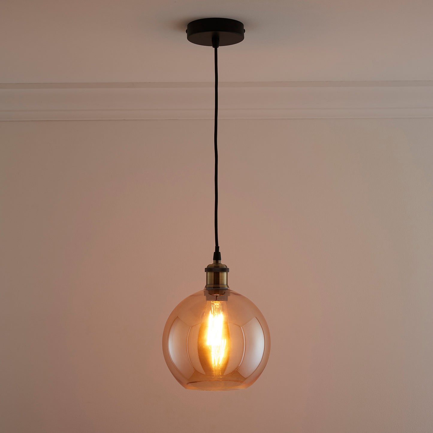 Antonio 1 light Hanging Glass Ceiling Pendant with Filament Bulb 3 Colours Available Amber, Smokey Grey and Clear
