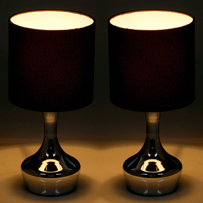 Pair Of Chrome Touch Table Lamps with Black Fabric Shades (Sold in Pairs) 2 x Touch Lamps