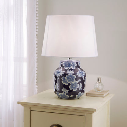 Traditional Ceramic Floral Table Lamp in Blue with White Shade 47.5 cm Table Lamp