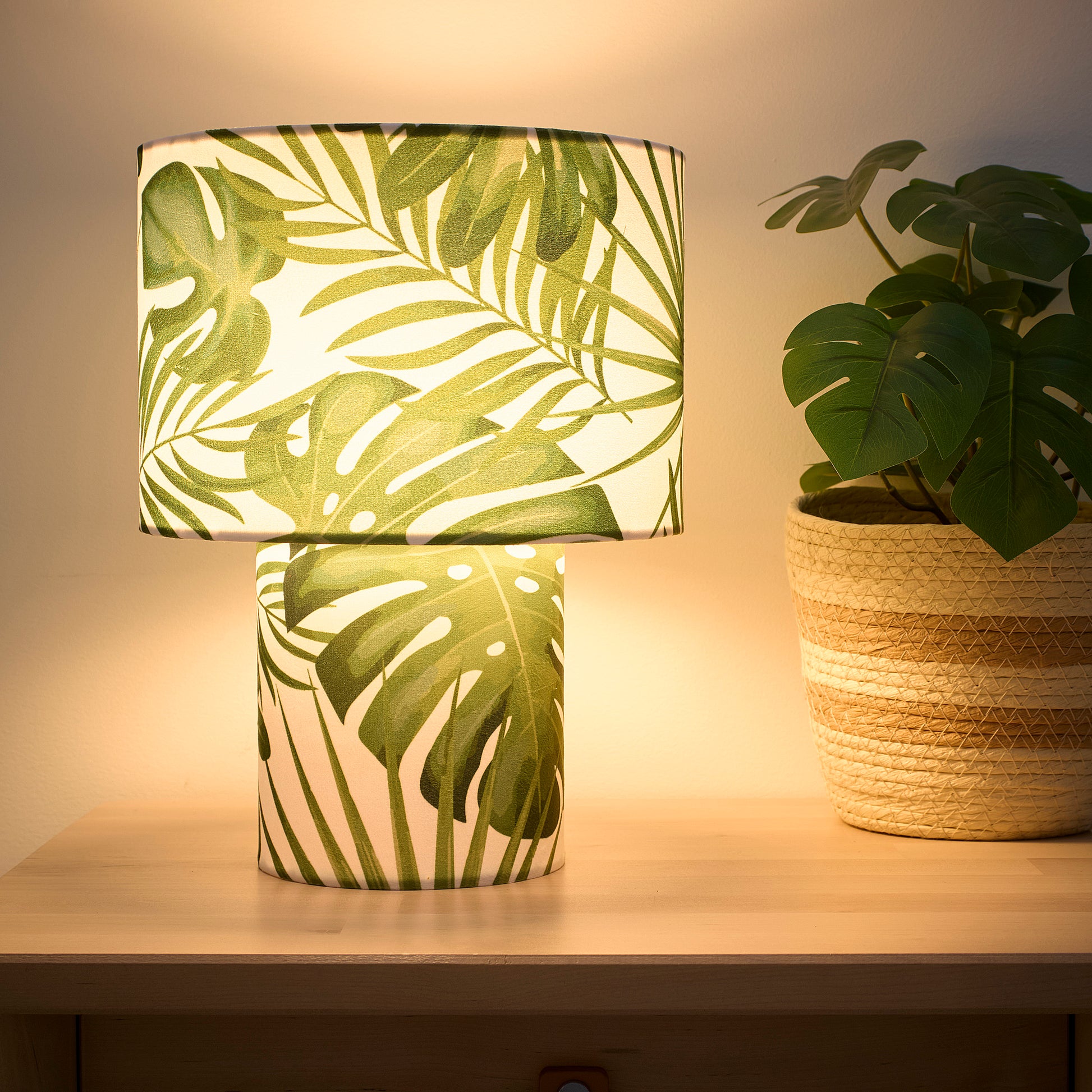 Pink Rose Bud or Green Leaves Printed Velvet Table Lamp, Perfect for bedside and table lamp settings