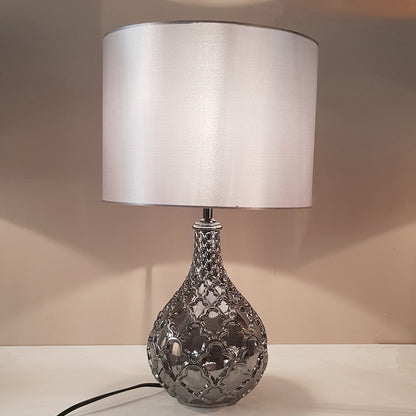 Smokey Grey Glass Table Lamp with Grey Satin Lamp Shade