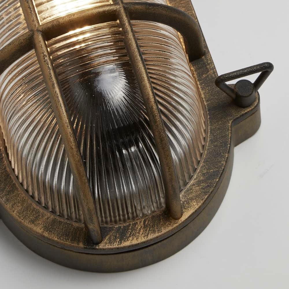 Antique Brass Ribbed Glass Outdoor Bulkhead Oblong or Round Light