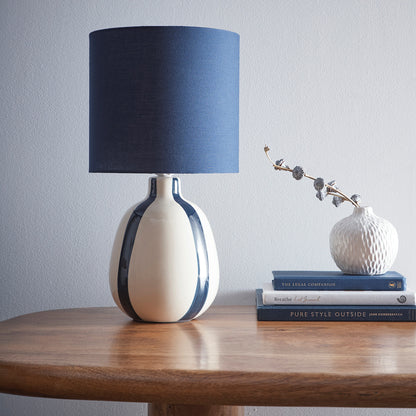 Painted Striped Ceramic Table Lamp with a round base and Matching shades, in Black, Blue, Green and Grey Colour options