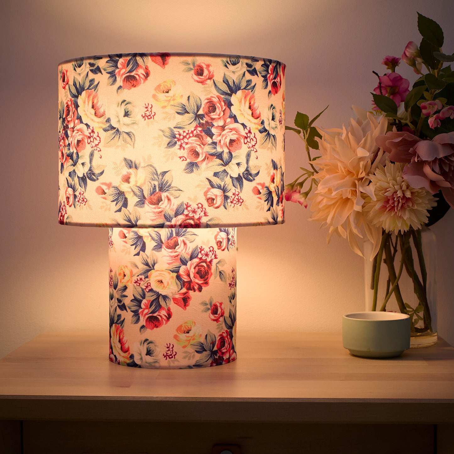 Pink Rose Bud or Green Leaves Printed Velvet Table Lamp, Perfect for bedside and table lamp settings
