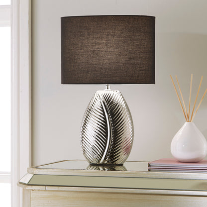 Silver Ceramic Table Lamp with Leaf Design and Black Lamp Shade Stunning Lamp