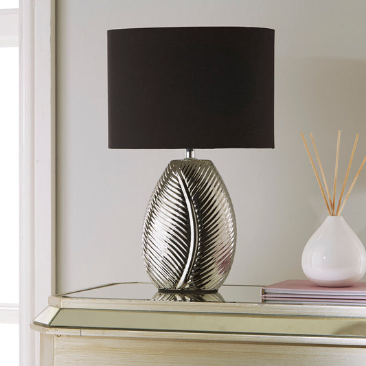 Silver Ceramic Table Lamp with Leaf Design and Black Lamp Shade Stunning Lamp