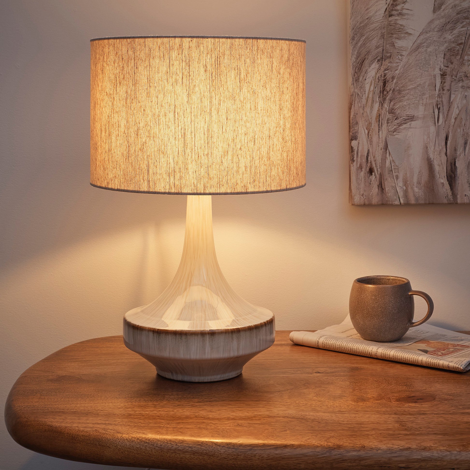Stunning Ceramic Table Lamp with a Fired Glased Lamp base and a Long Neck design, including a Natural Linen Lampshade
