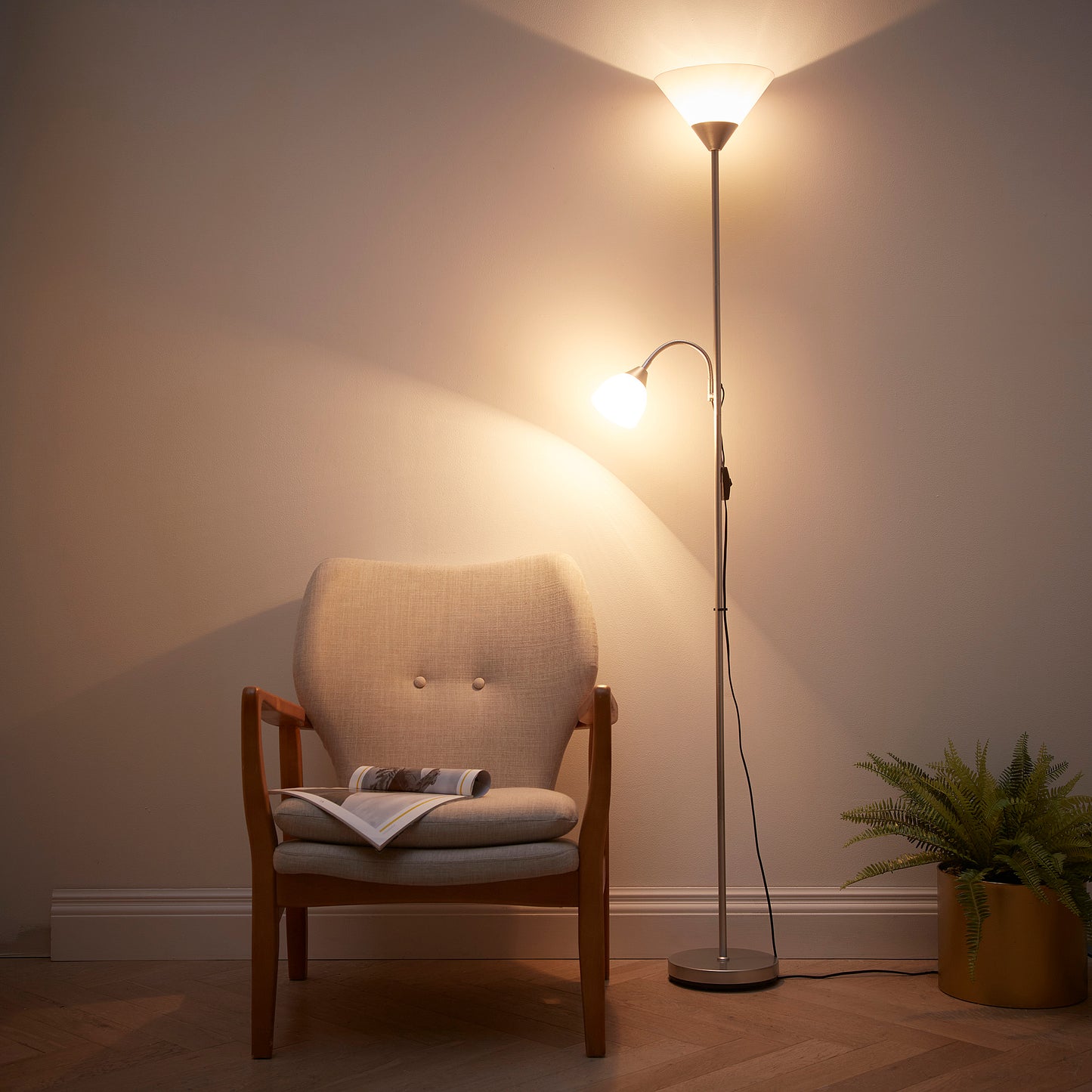 Mother and Child Floor Lamp in a Light Silver Colour with White Shades 180cm Tall