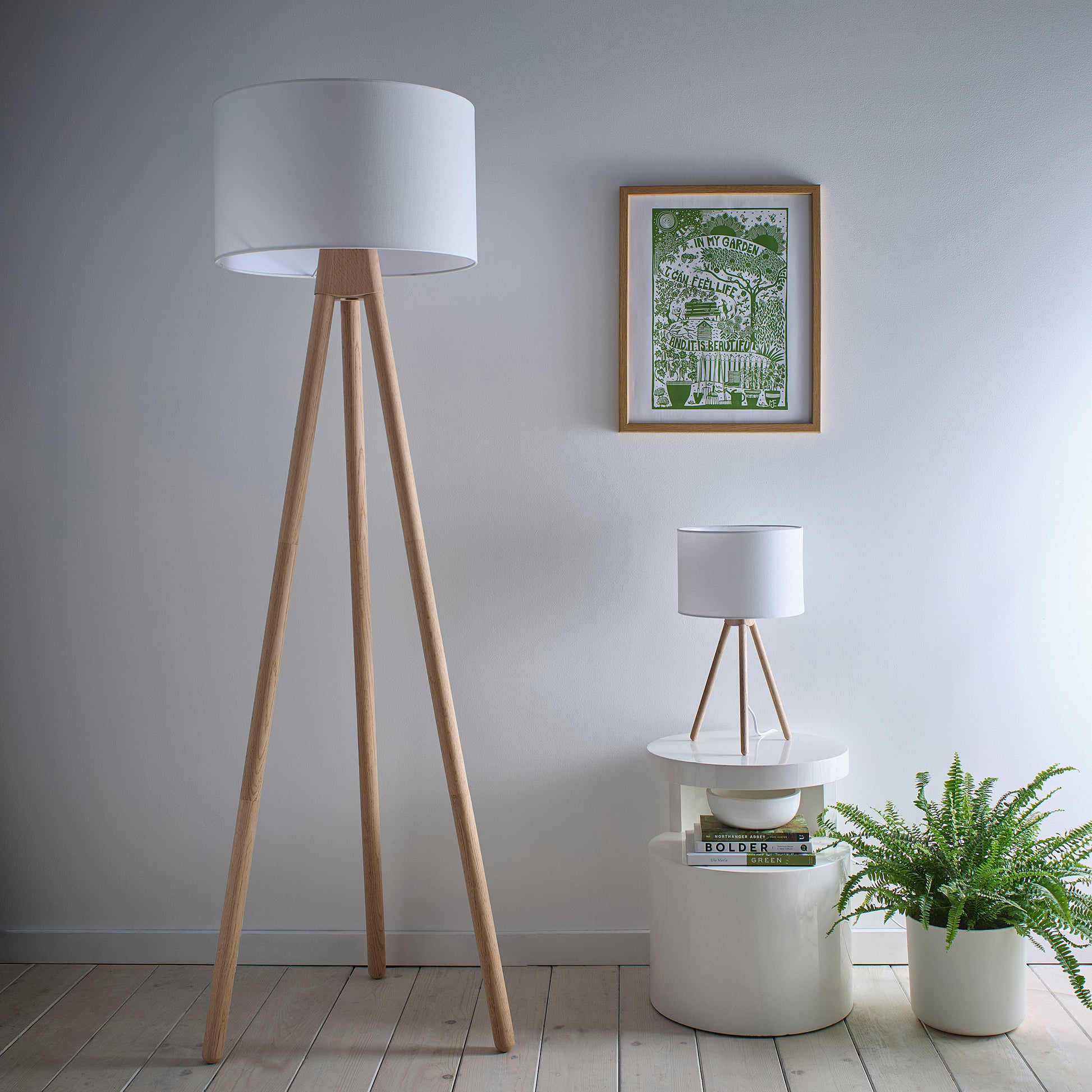 Tall Oak Wooden Tripod Floor Lamp with a Matching Table Lamp option and Matching White Linen Lampshades