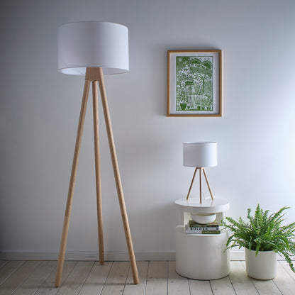 Tall Oak Wooden Tripod Floor Lamp with a Matching Table Lamp option and Matching White Linen Lampshades