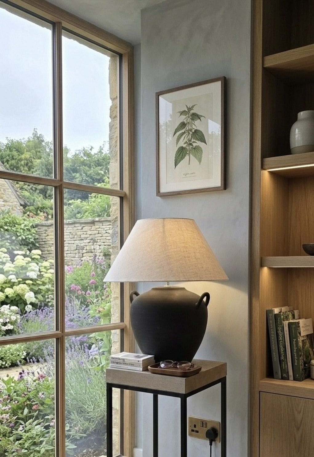 Ceramic Pot Table Lamp in White or Black Stone Like Finish with Side handles and Natural Linen Lampshade