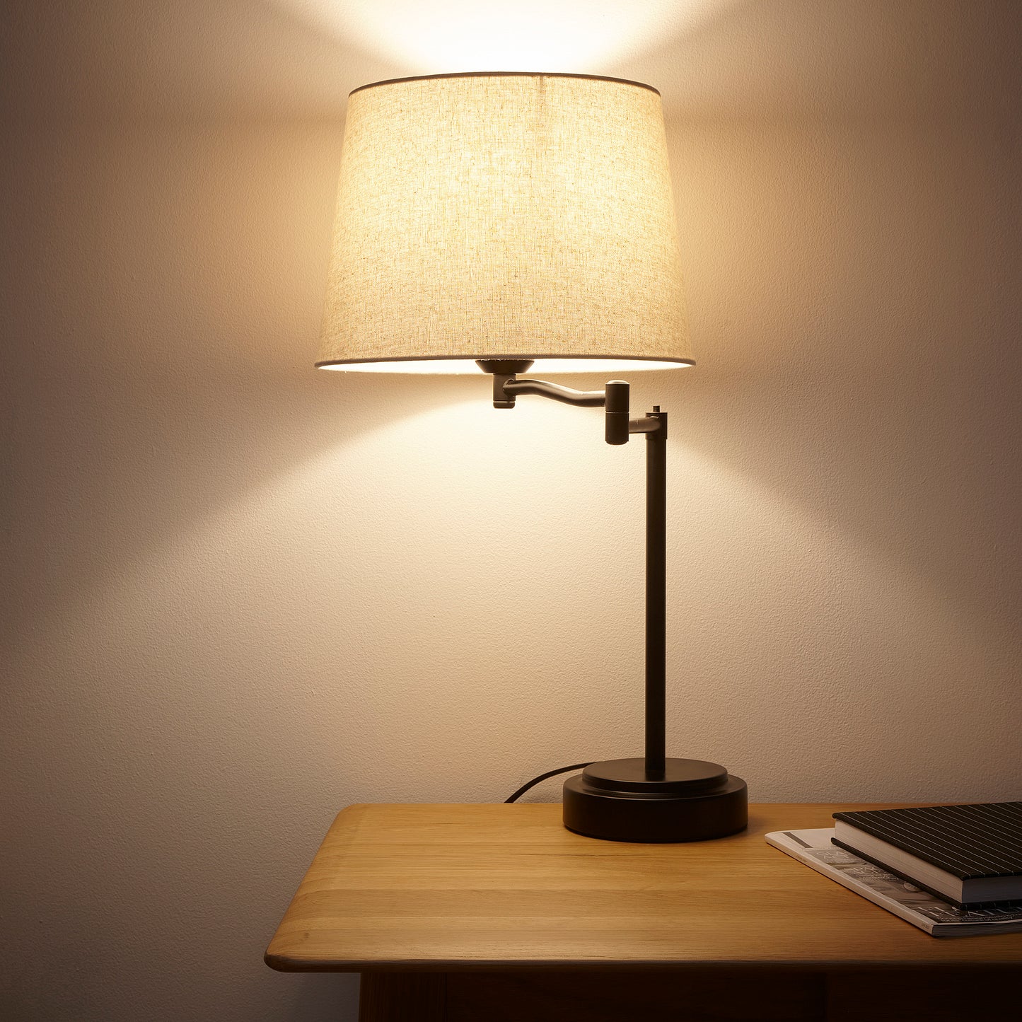 Classic Swivel Table Lamps in Matt Black or Brushed Silver with Swing Arms and Linen Lampshades 