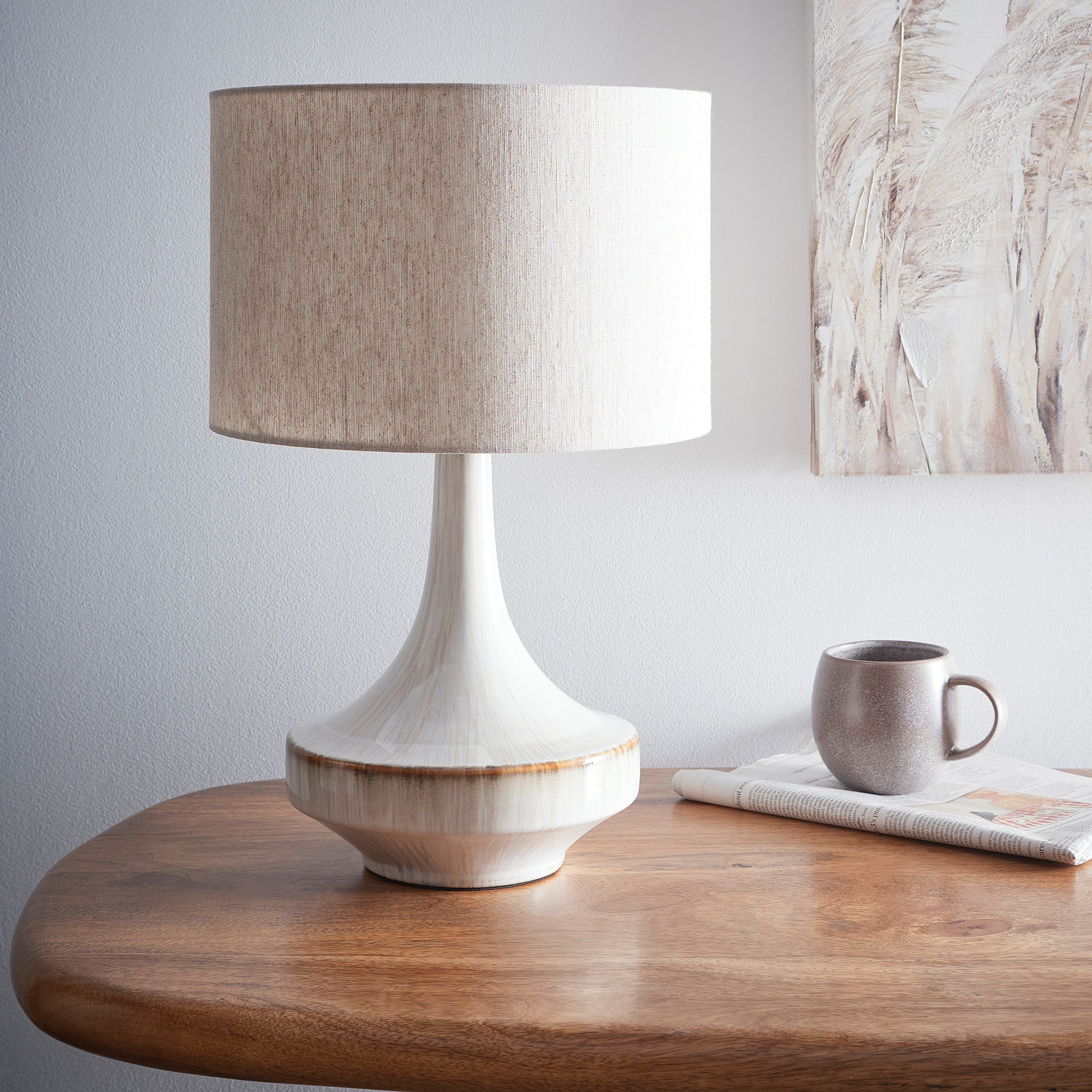 Stunning Ceramic Table Lamp with a Fired Glased Lamp base and a Long Neck design, including a Natural Linen Lampshade