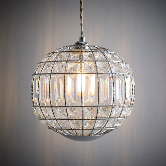 Round Clear Pendant in Chrome with Acrylic Beads and Sparkling Decorative Effect