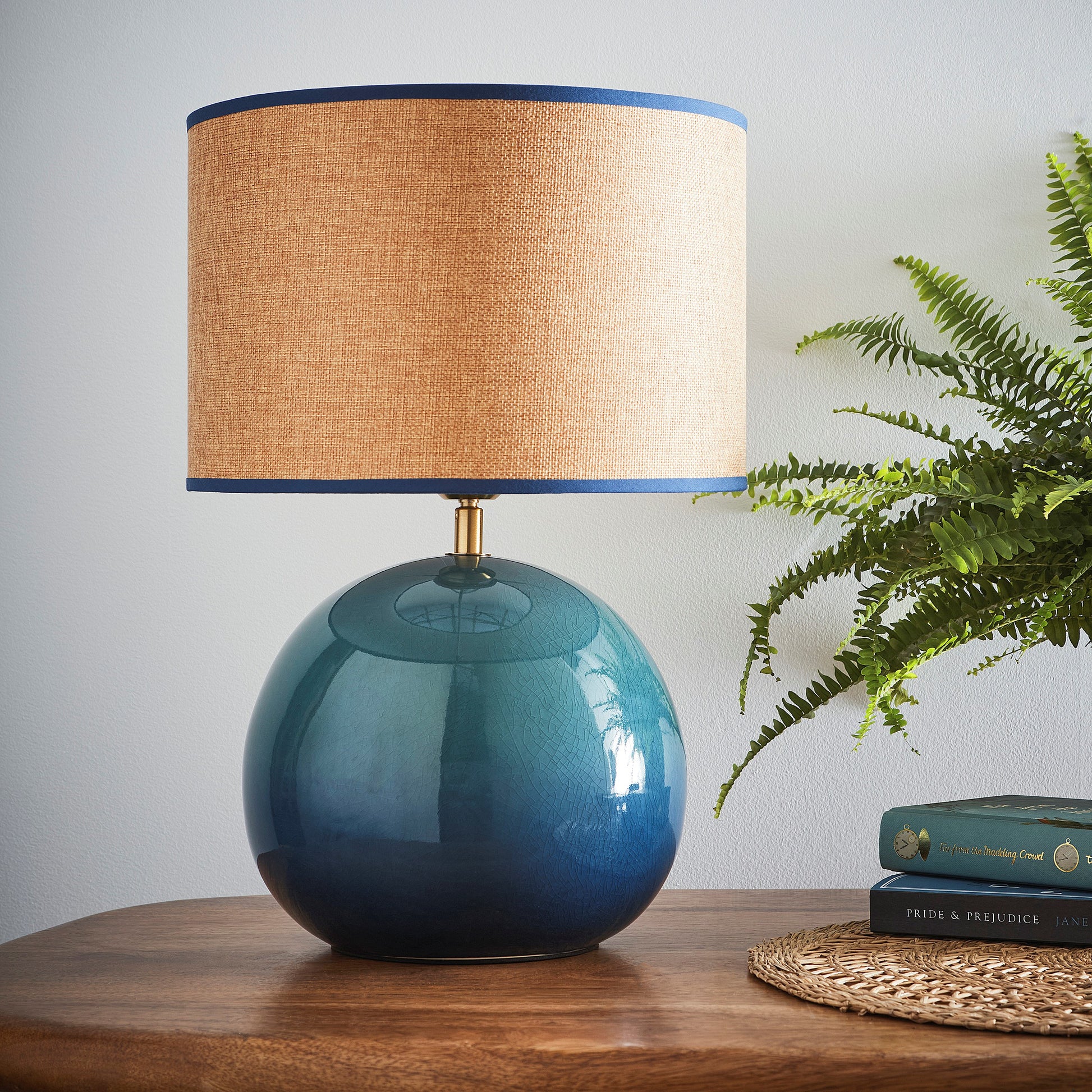 Ceramic Glazed Table lamps with Textured Weave Lampshades in Red, Green or Blue options