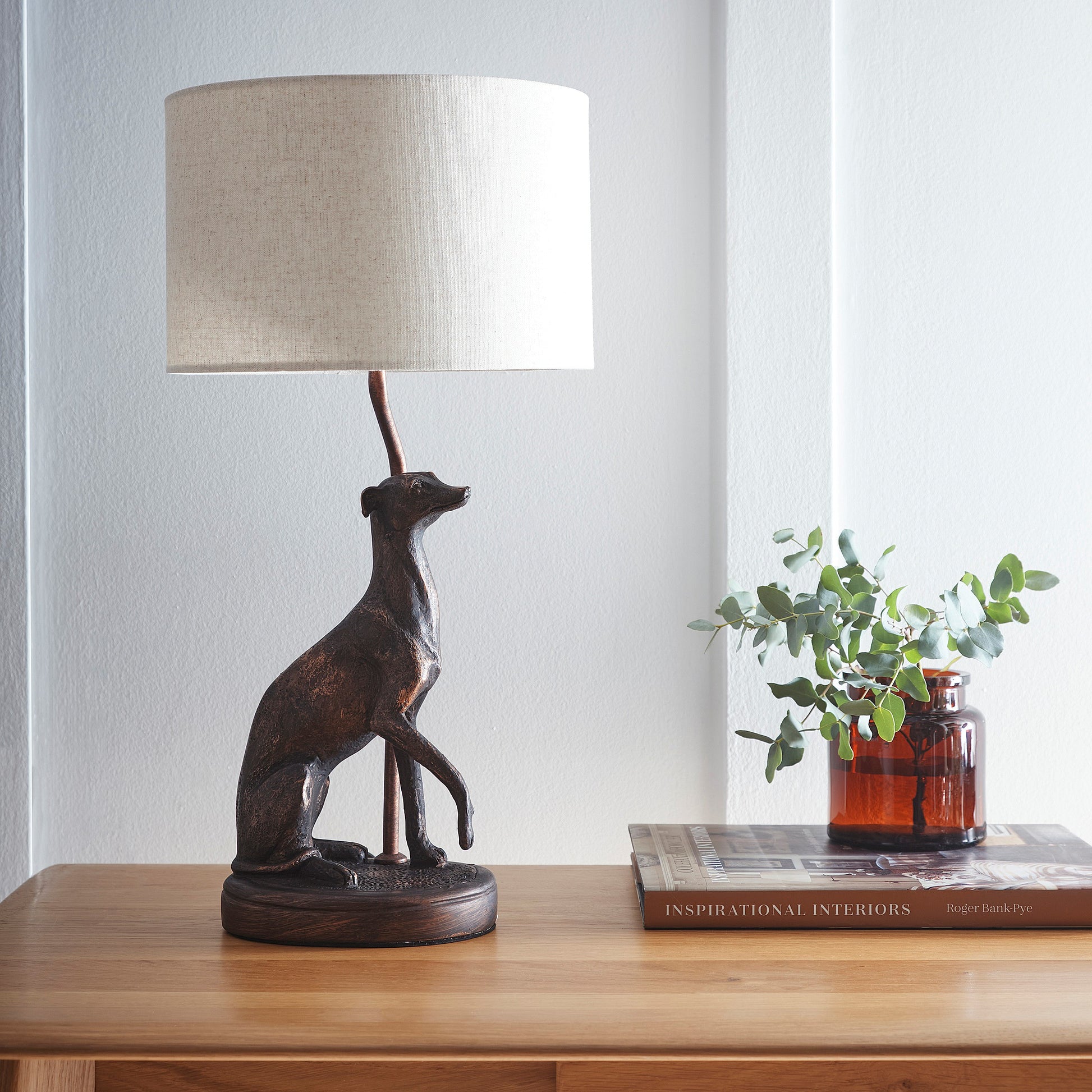 Greyhound Animal Table Lamp in an Antique Copper Resin Table Lamp with a Natural Linen Lampshade