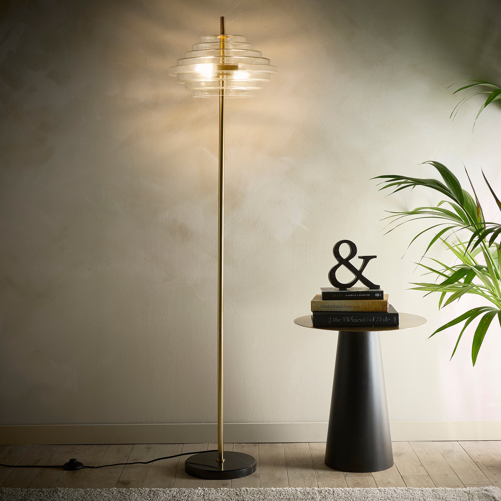 Clear Glass Table lamp, Floor Lamp or Ceiling Pendant collection with a brass finish and Marble lamp bases