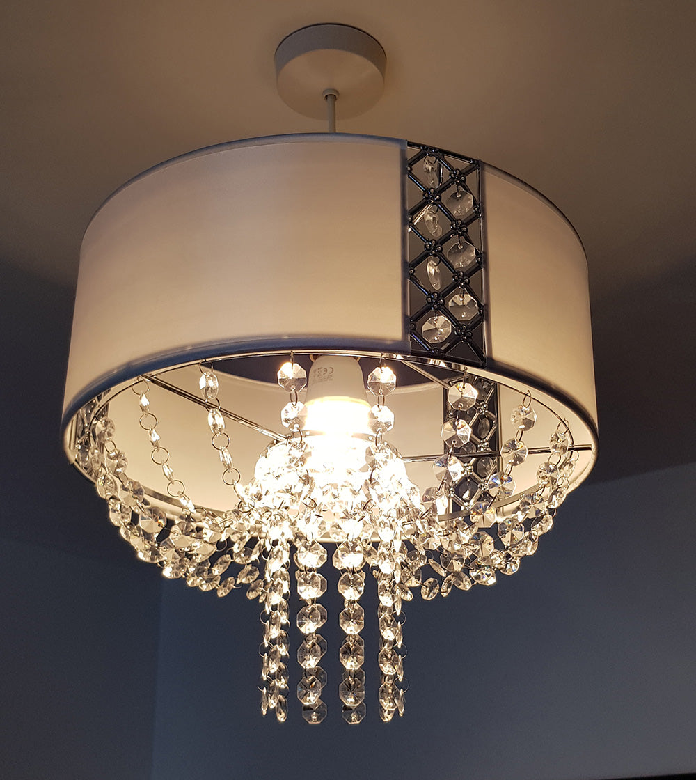 Ruth Drum Fabric Shade with Clear Beaded Chandelier Droplets attached