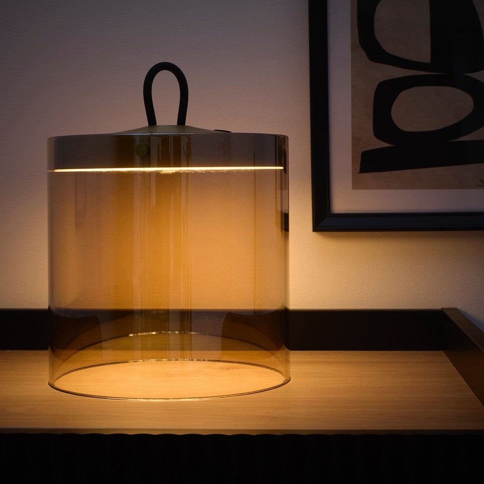 Satin Gold Rechargeable Glass Table Lamp with dimming function LED lights available in 2 sizes