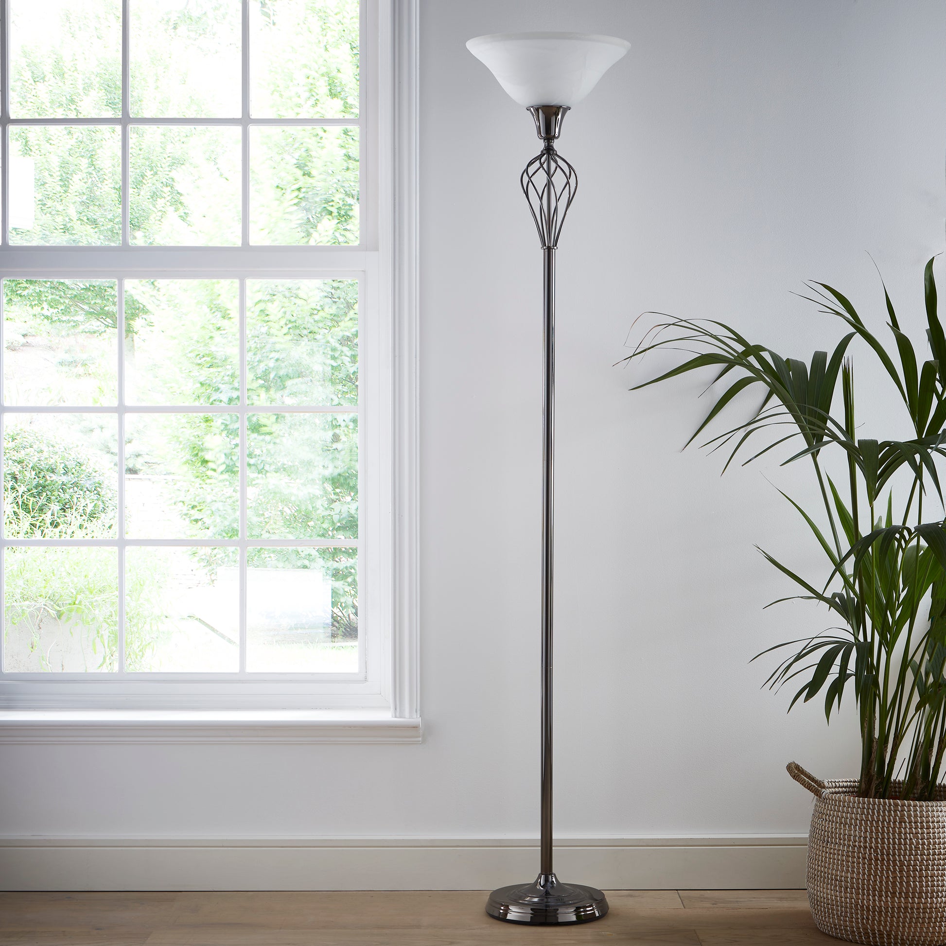 Traditional Barley Twist Floor Lamp up lighter in Black Chrome finish with shade