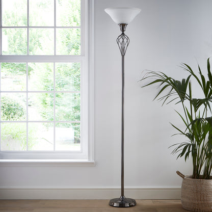 Traditional Barley Twist Floor Lamp up lighter in Black Chrome finish with shade