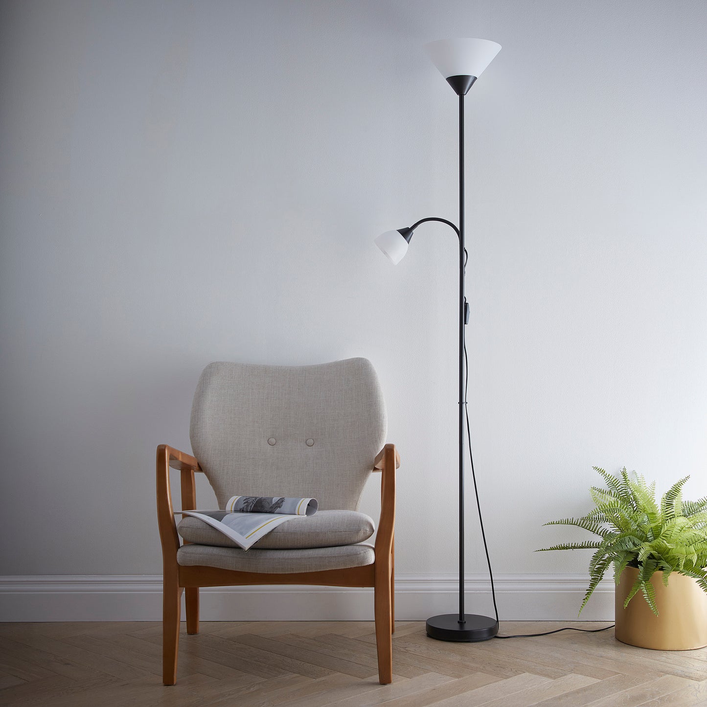 Black Floor Lamp with White Frosted Shades, Mother and Child Dual Switch Option for On or Off