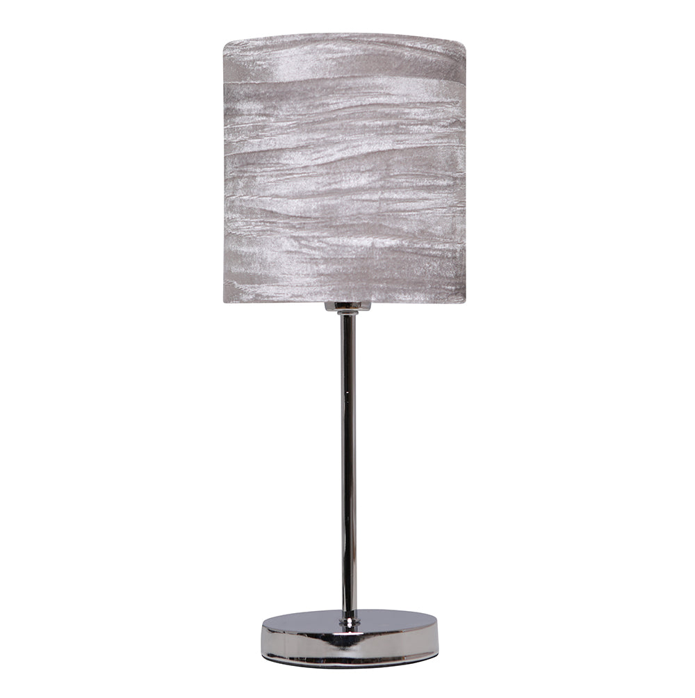 Plush Collection Chrome Table Lamp complete with Shade and coordinating Ceiling Pendant Grey (sold separately)