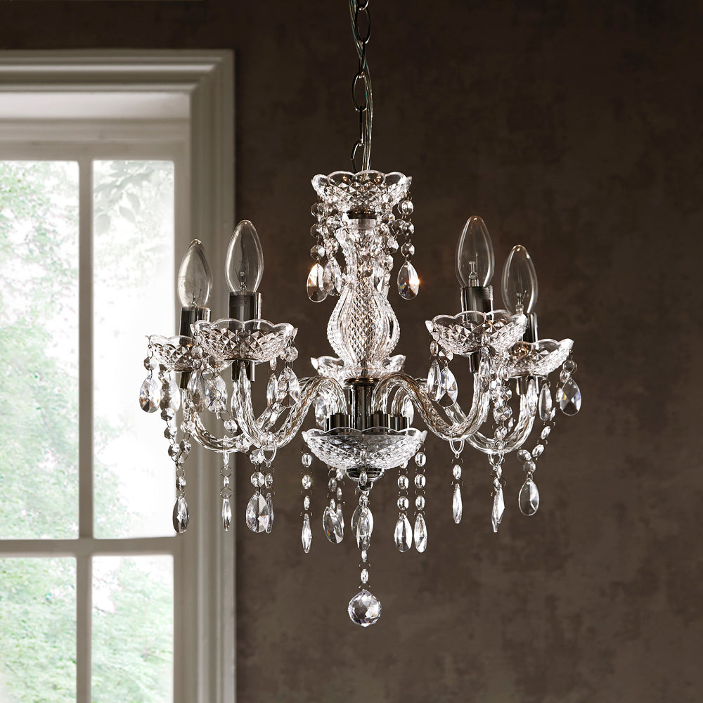 K LIVING Tuscany 3 & 5 Ceiling Light Acrylic Droplets Chandelier in a Clear Transparent finish