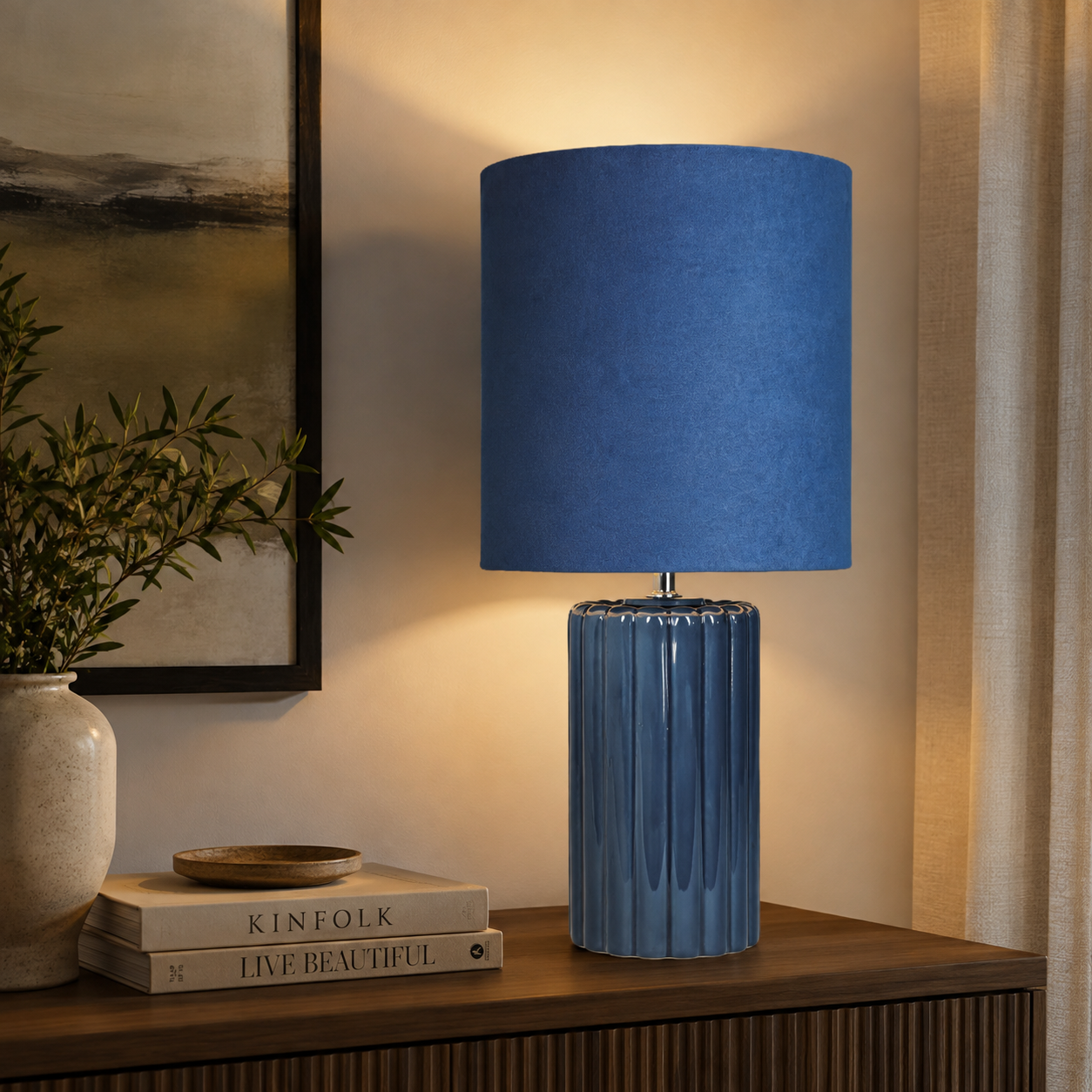 Tall Ceramic Table Lamp With Matching Velvet Lampshade Available in Salmon Orange, Blue and Green