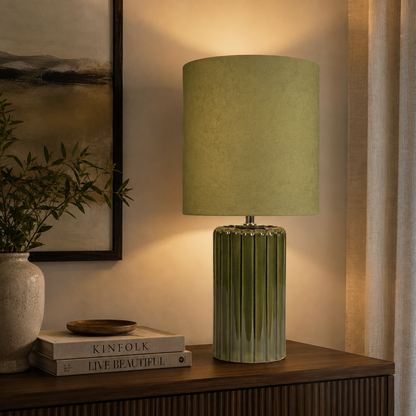 Tall Ceramic Table Lamp With Matching Velvet Lampshade Available in Salmon Orange, Blue and Green