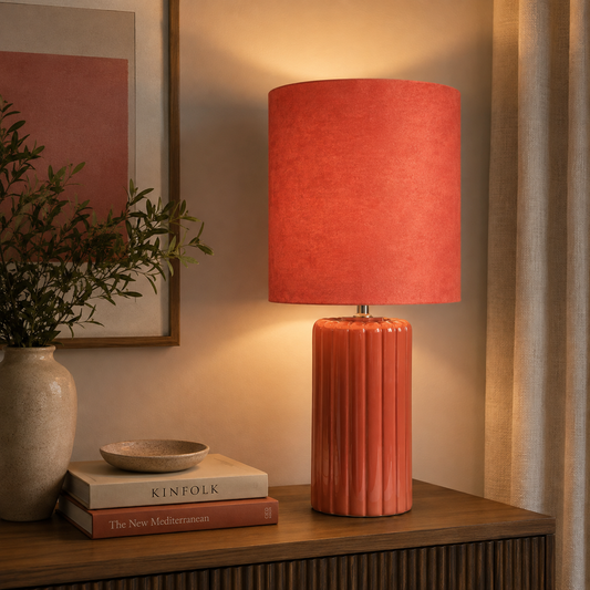 Tall Ceramic Table Lamp With Matching Velvet Lampshade Available in Salmon Orange, Blue and Green
