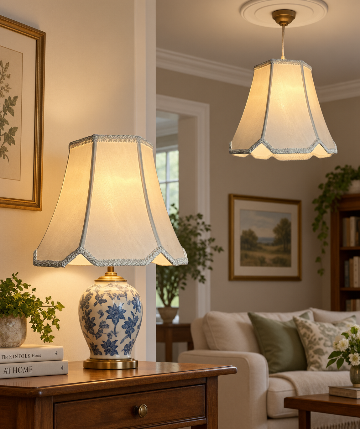 Easy Fit Hexagon Cream Faux Silk Shade With Scallop Cream Rope Trim Edge 12 inch
