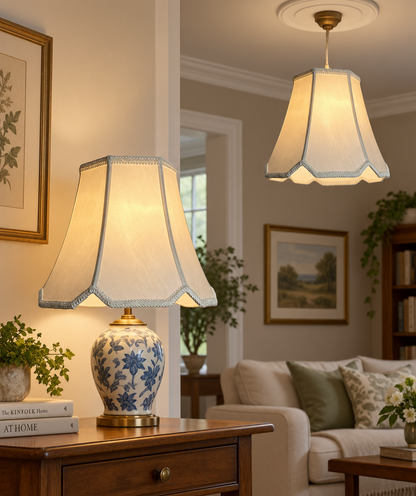 Easy Fit Hexagon Cream Faux Silk Shade With Scallop Cream Rope Trim Edge 12 inch