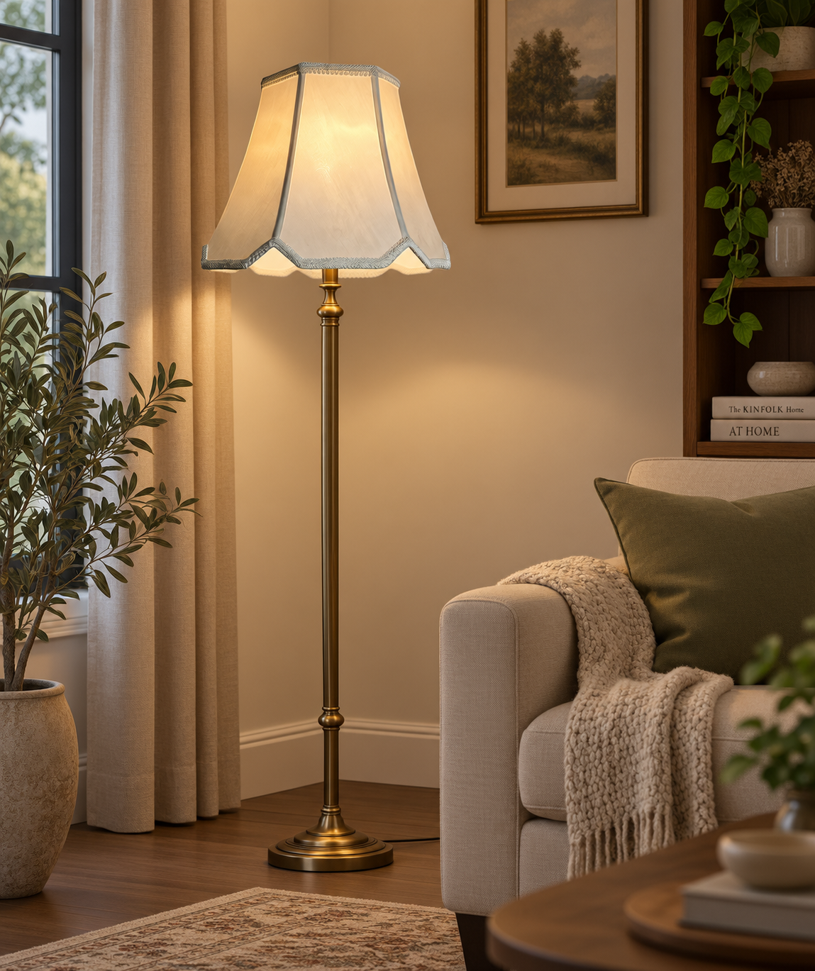 Easy Fit Hexagon Cream Faux Silk Shade With Scallop Cream Rope Trim Edge 12 inch