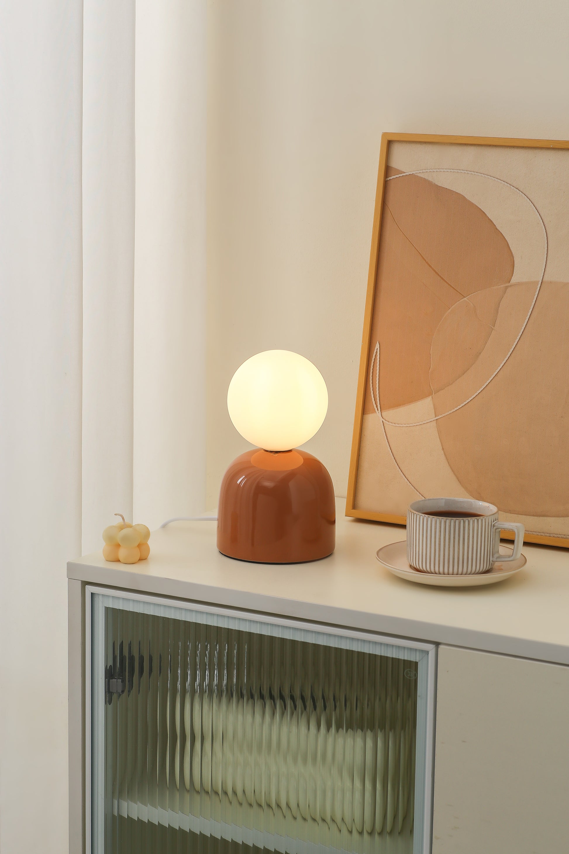  Small Ceramic Table Lamp in Brown, Aqua Blue or Soft Green With an Opaque Glass Head 