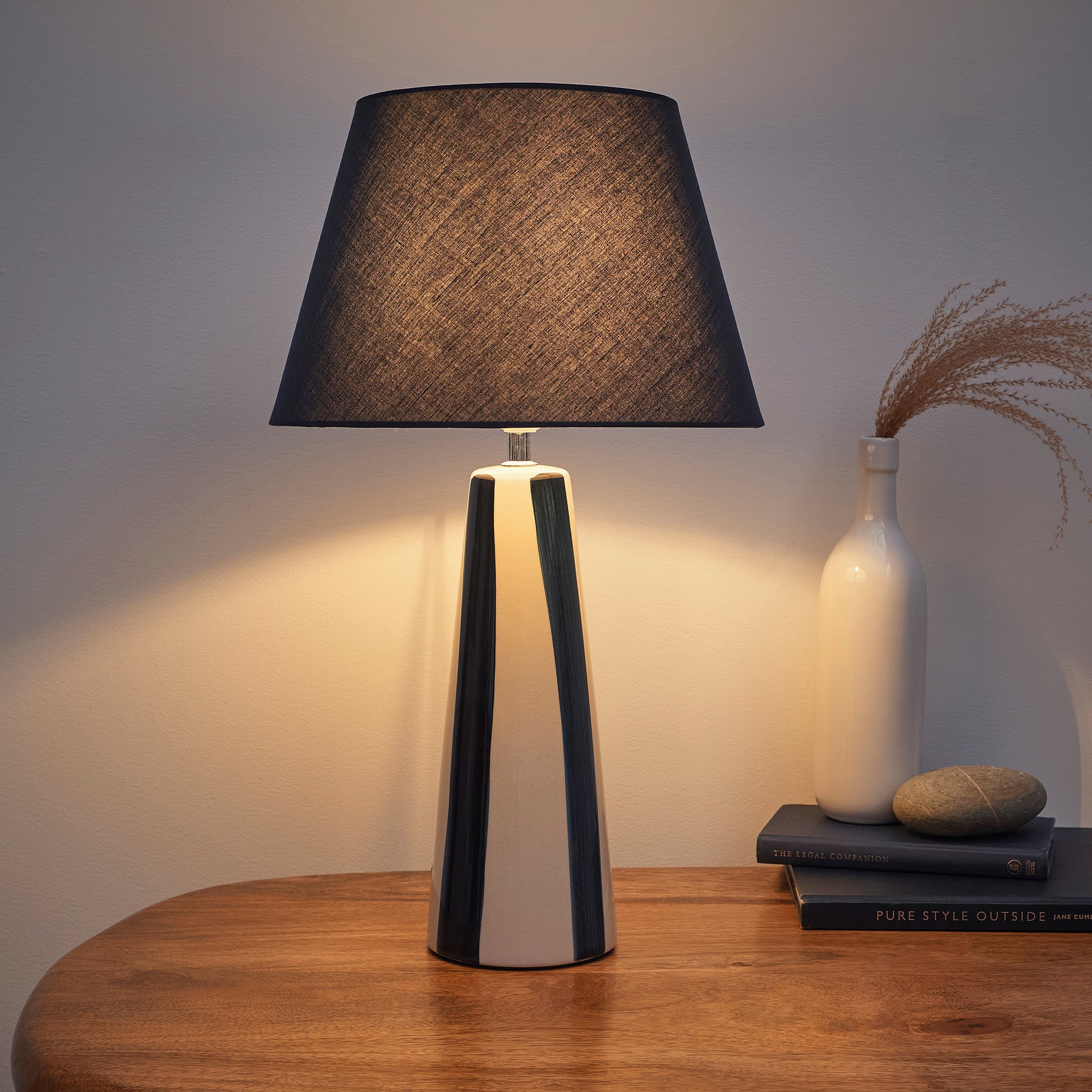 Painted Striped Ceramic Table Lamps with Matching shades, in Black, Blue, Green and Grey Colour options
