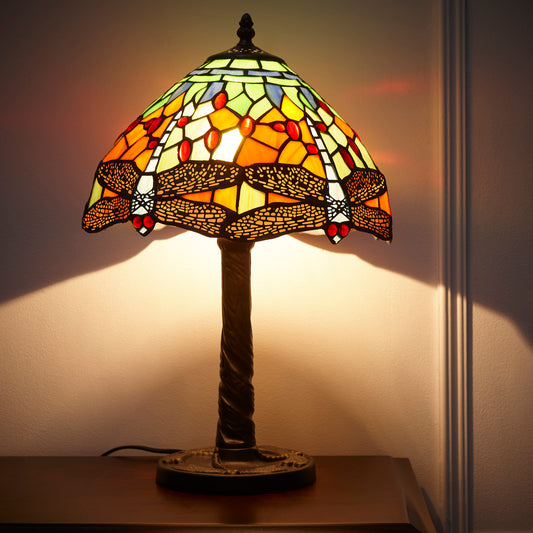 12" Mitcham Tiffany Style Stained Glass Dragon Fly Table Lamp 