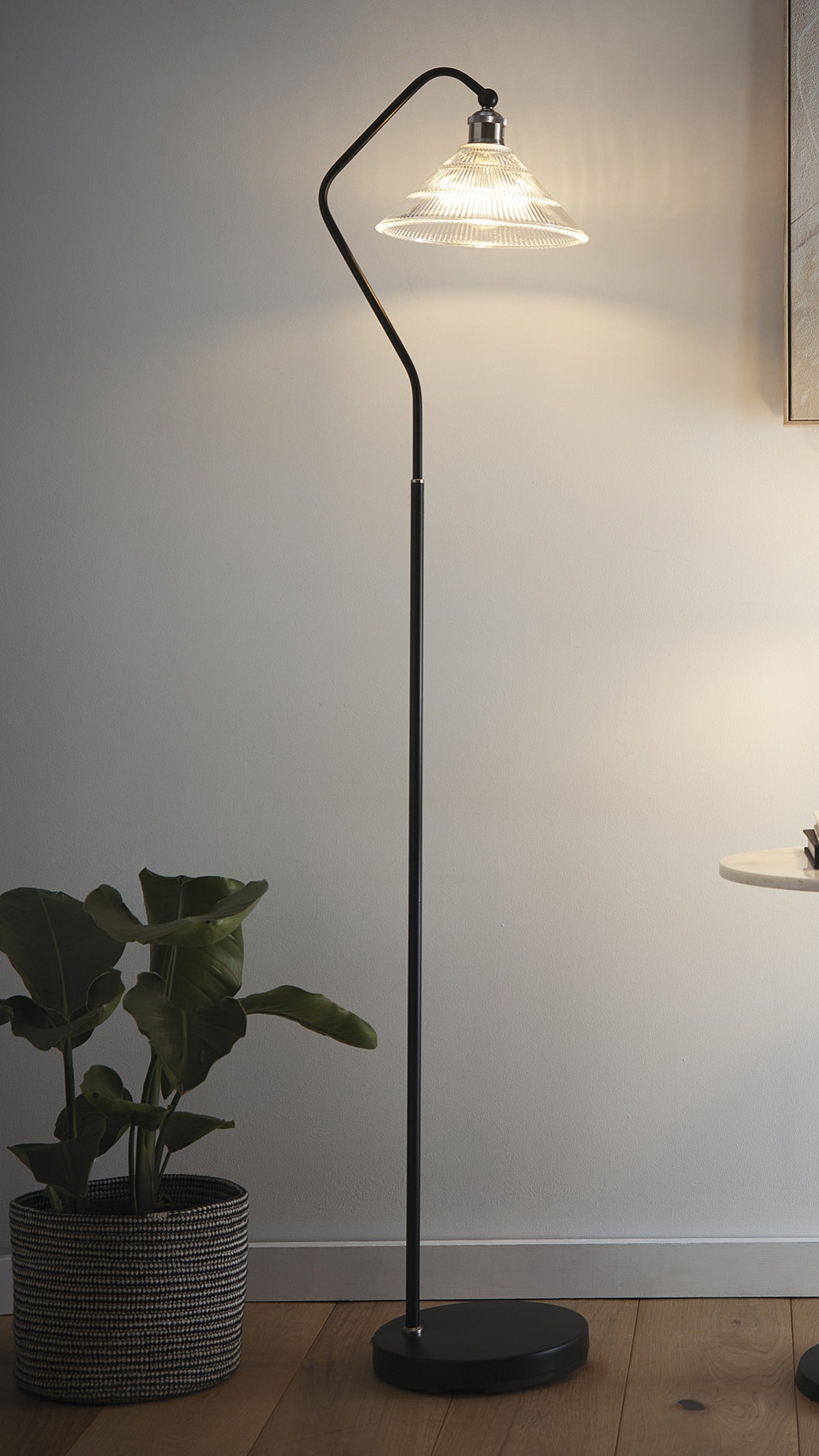 Stunning Black Metal Table Lamp and Floor Lamp with a Clear Ribbed Glass Shade and Satin Nickel Shade Holder