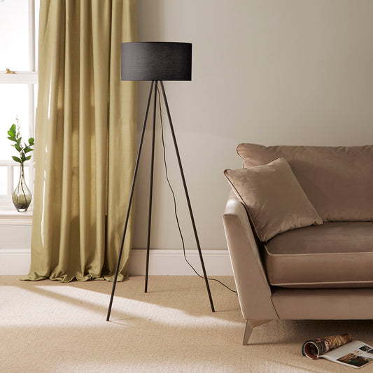 Tripod Floor Lamp with Metal Legs with either a Black Cotton or Grey Cotton Lampshade