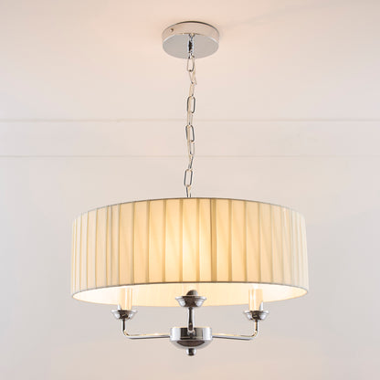 3 Light Pleated shade Chandelier with a 3 arm Polished Chrome Frame available in Cream, Grey and Navy