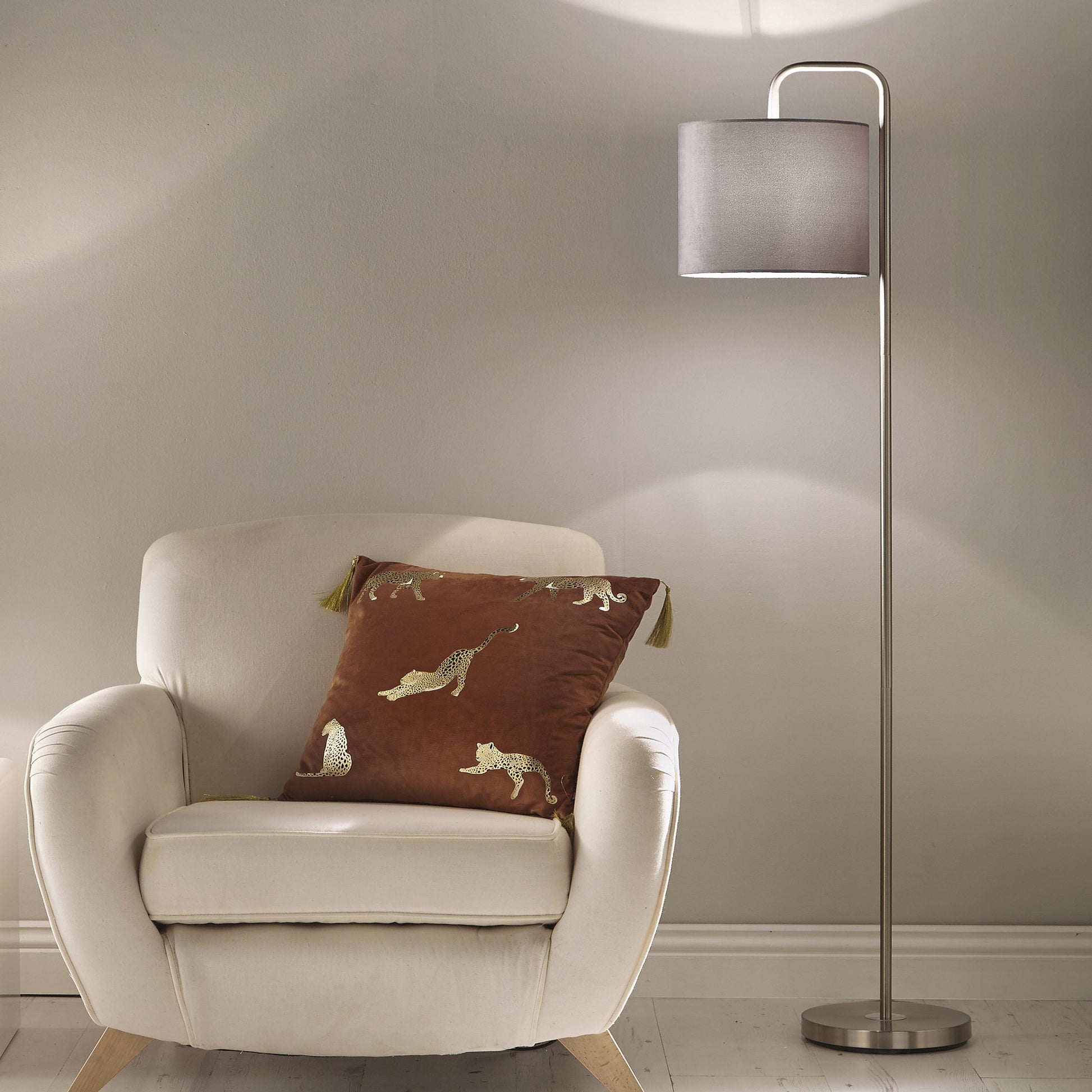 Stunning Satin Nickel Floor Lamp and Table Lamp with Grey Velvet Velour Shade (Options Sold Separately)