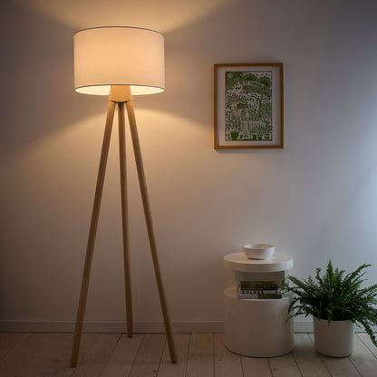 Tall Oak Wooden Tripod Floor Lamp with a Matching Table Lamp option and Matching White Linen Lampshades