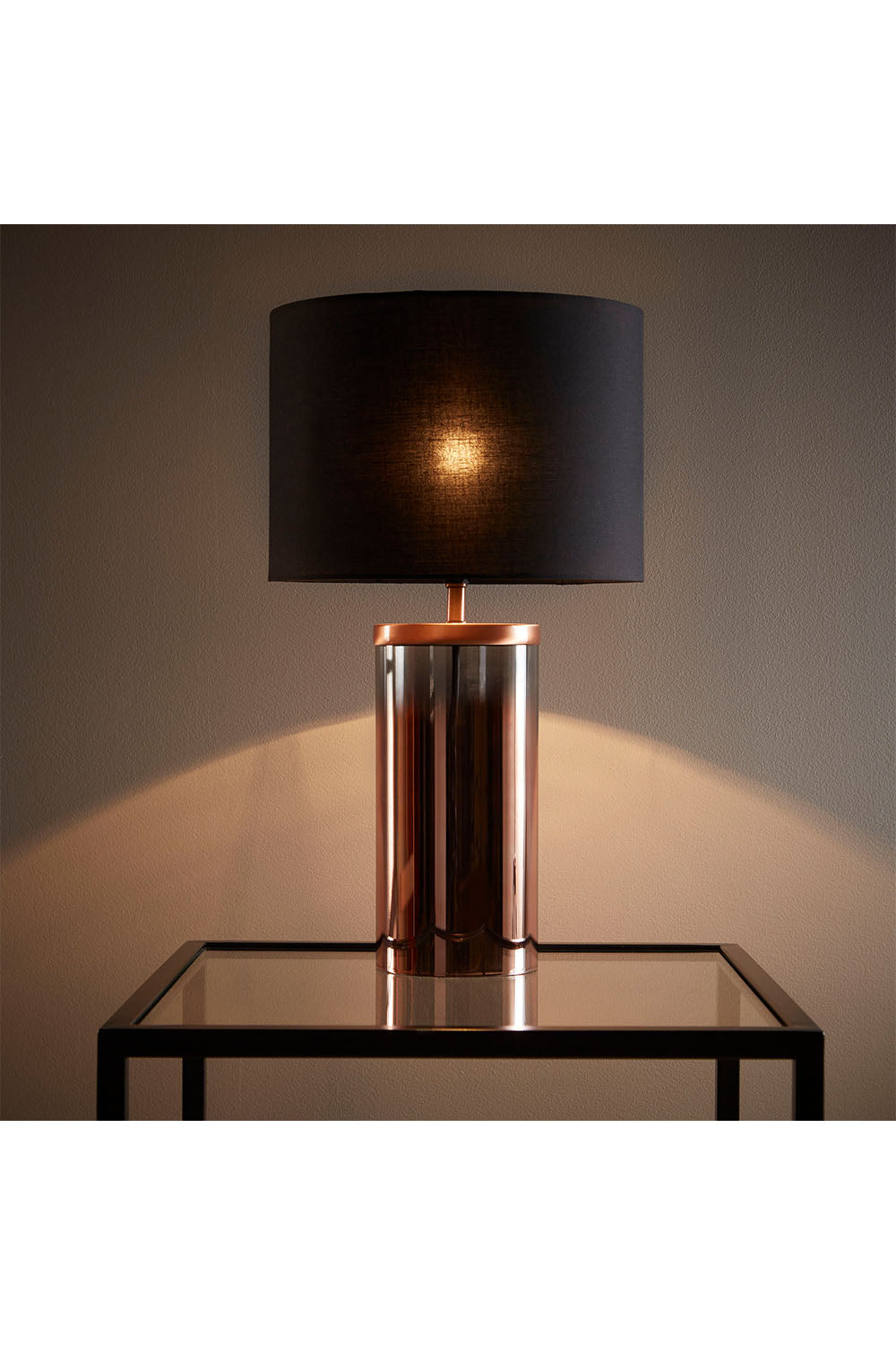 Trenton 44cm Glass Copper Table Lamp with Black Drum Shade