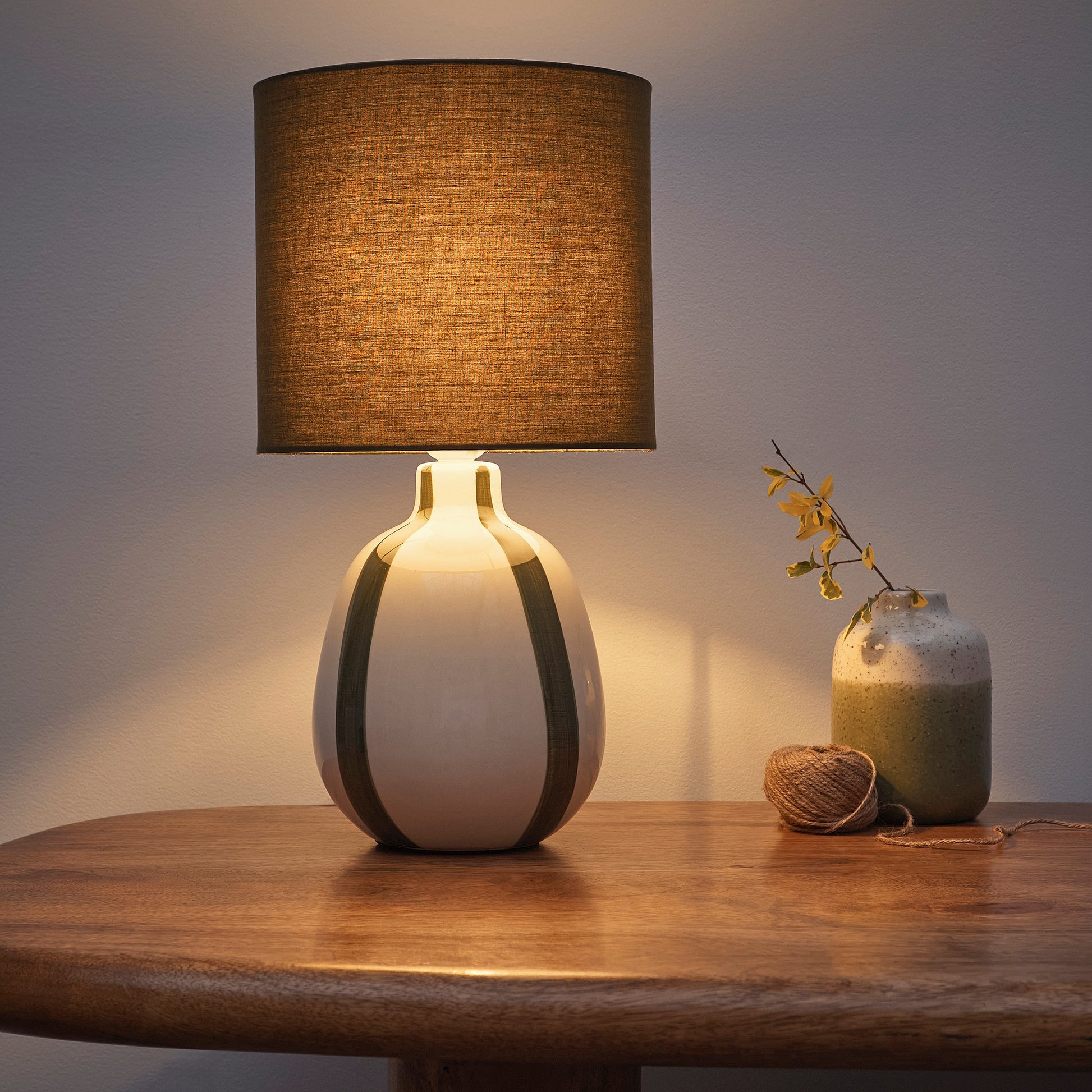 Painted Striped Ceramic Table Lamp with a round base and Matching shades, in Black, Blue, Green and Grey Colour options