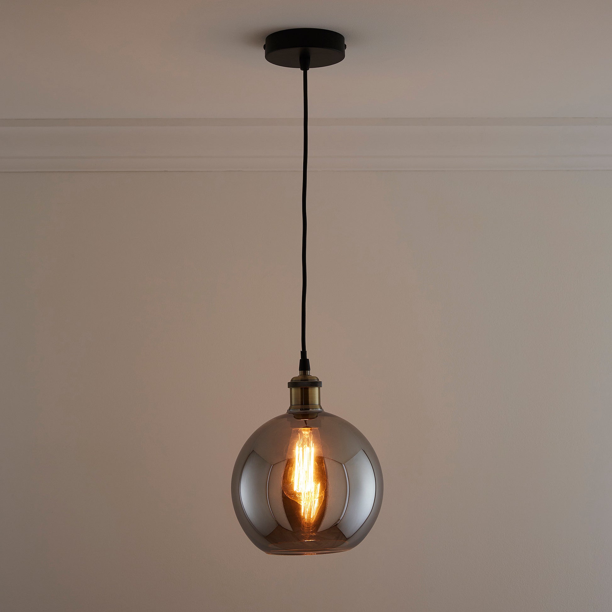 Antonio 1 light Hanging Glass Ceiling Pendant with Filament Bulb 3 Colours Available Amber, Smokey Grey and Clear