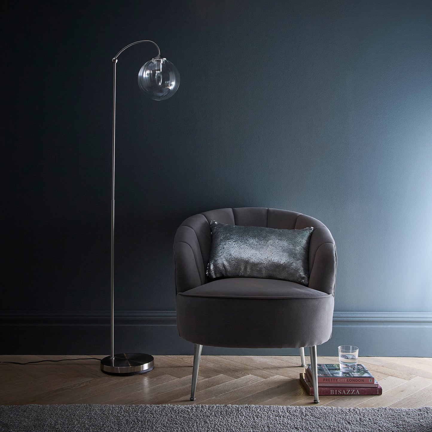 Modern Satin Nickel Table and Floor Lamp with a Ribbed Glass Lamp Shade 