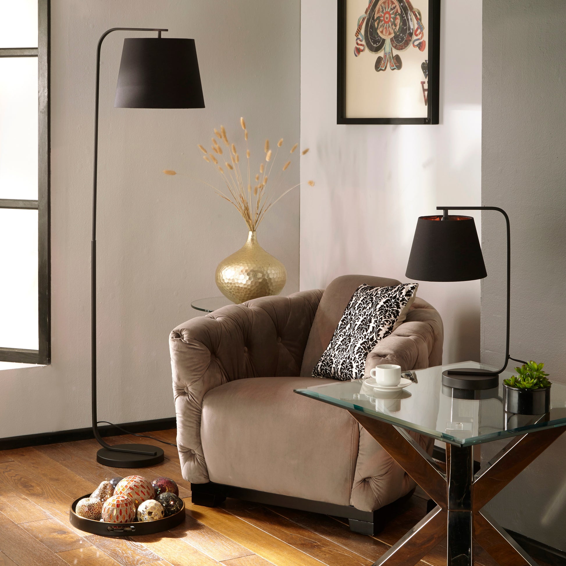Hendrix Black Table Lamp and Floor Lamp with Black and Copper Lamp Shade