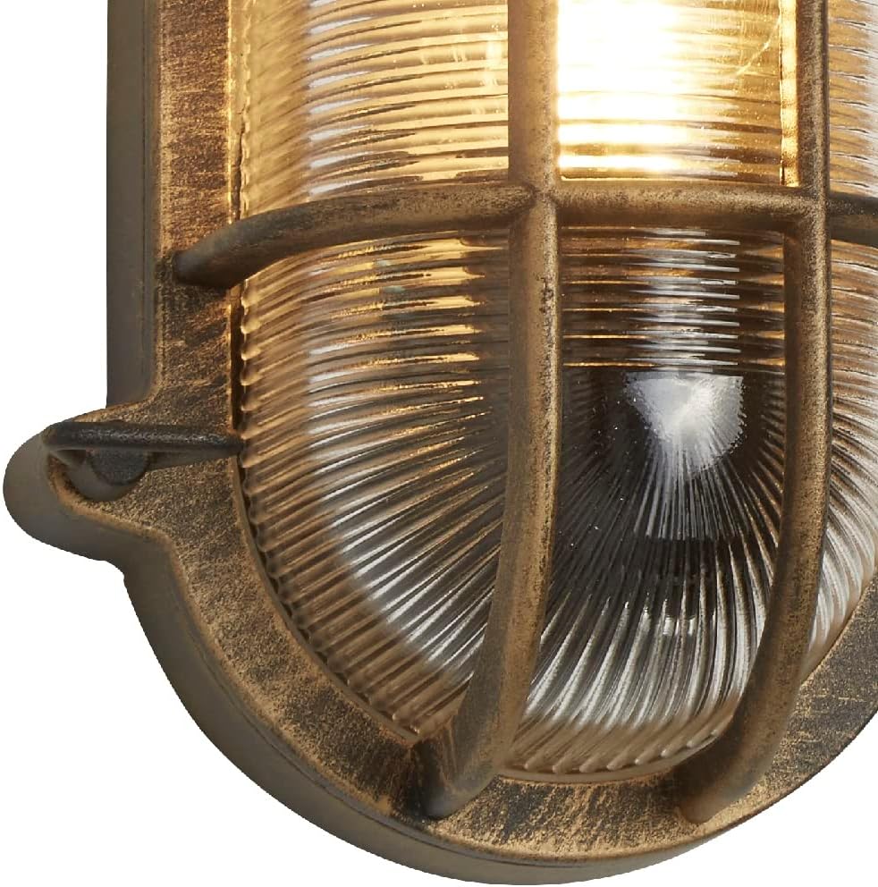 Antique Brass Ribbed Glass Outdoor Bulkhead Oblong or Round Light