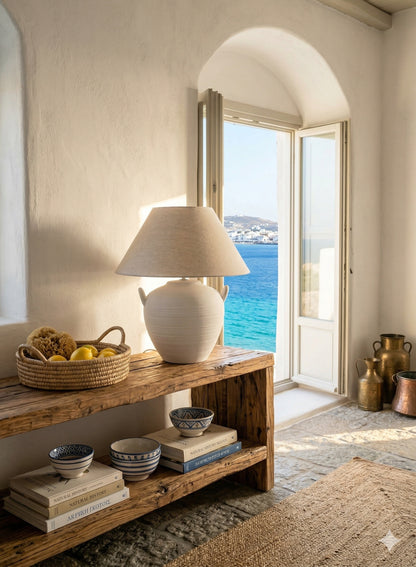 Ceramic Pot Table Lamp in White or Black Stone Like Finish with Side handles and Natural Linen Lampshade