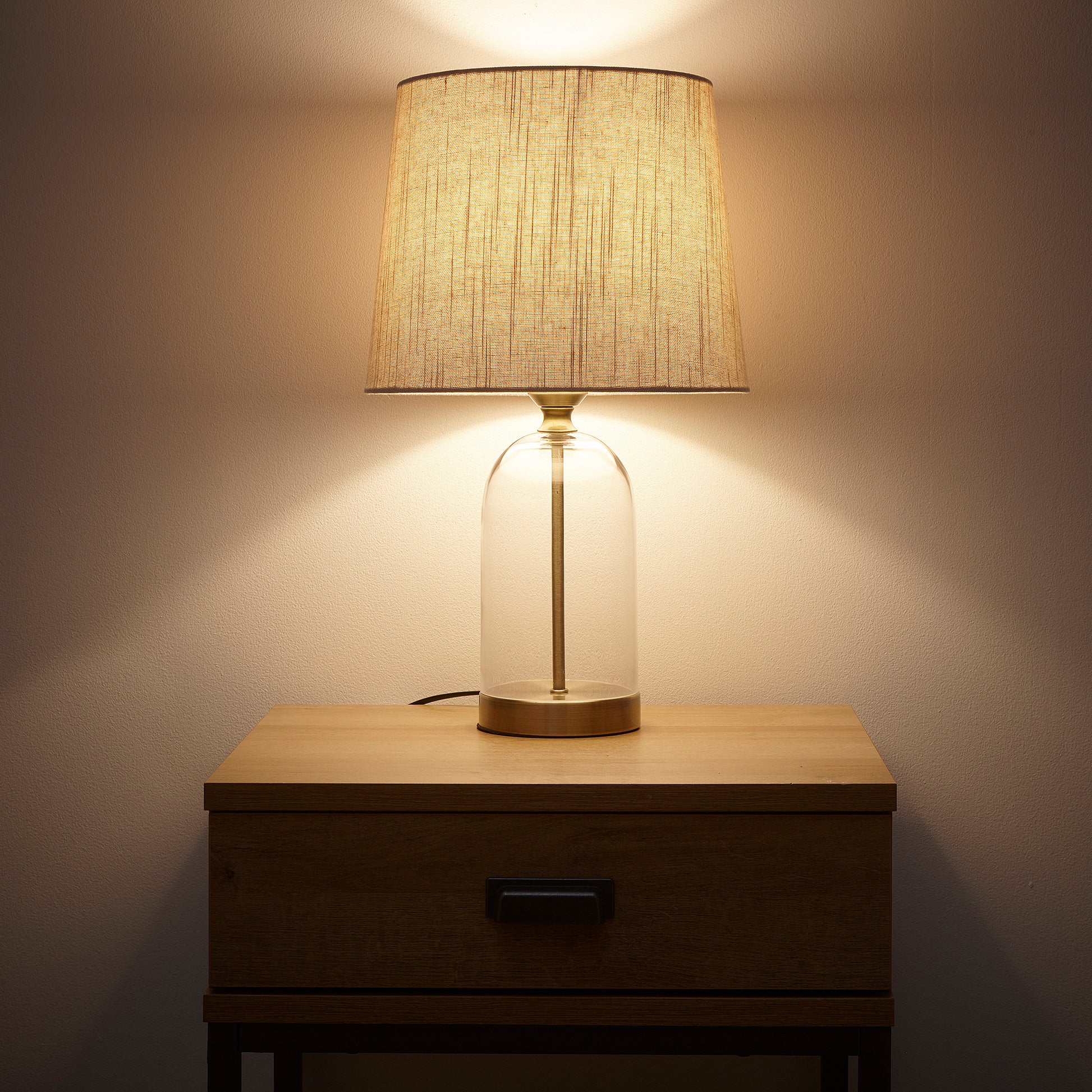 Chelsea Glass Table Lamp in Black, Silver or Antique Brass with Natural Linen Lampshade